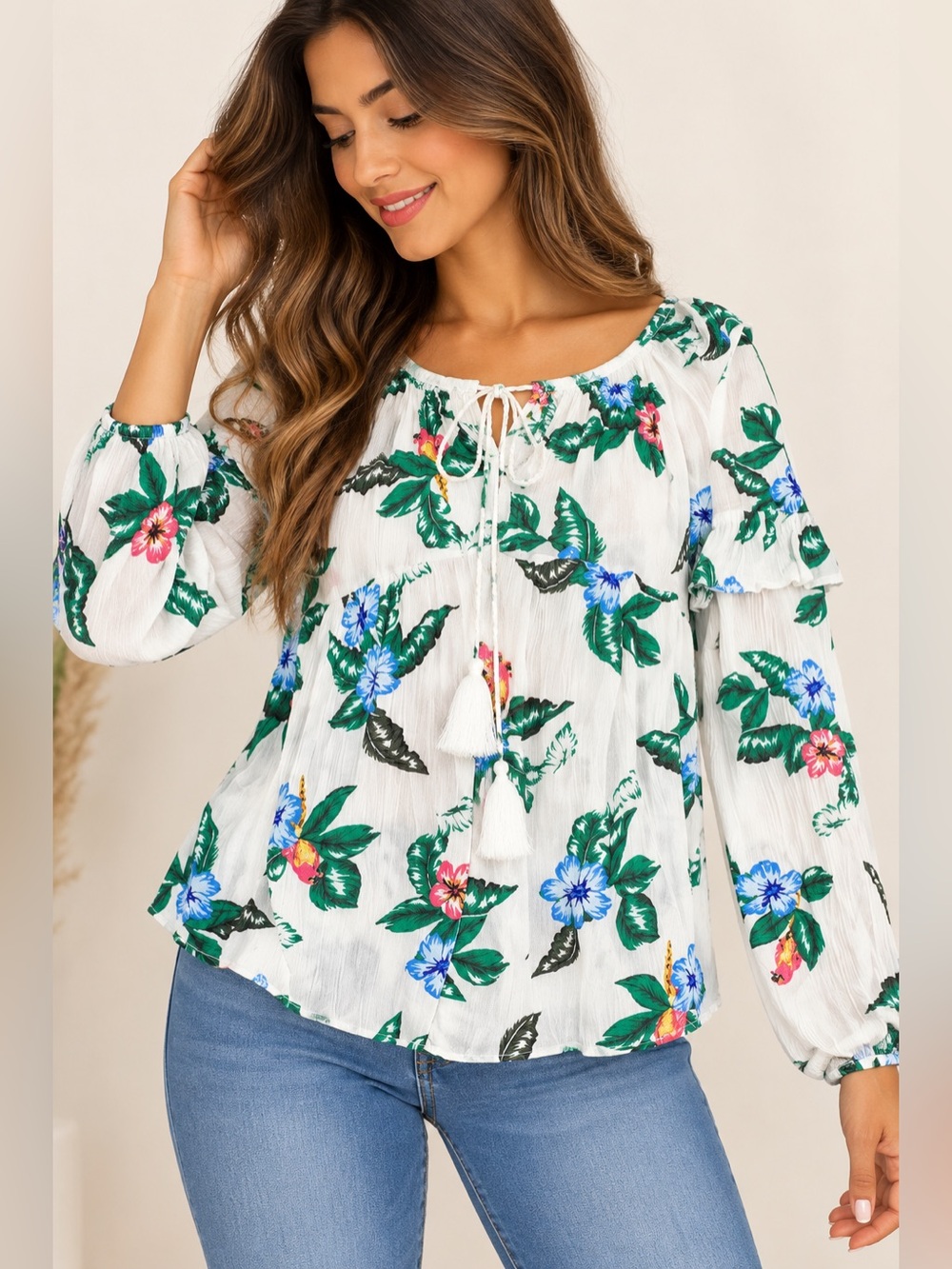 Old Navy Blouse Women’s Large White Tropical Floral Long Sleeve Ruffle Boho Top
